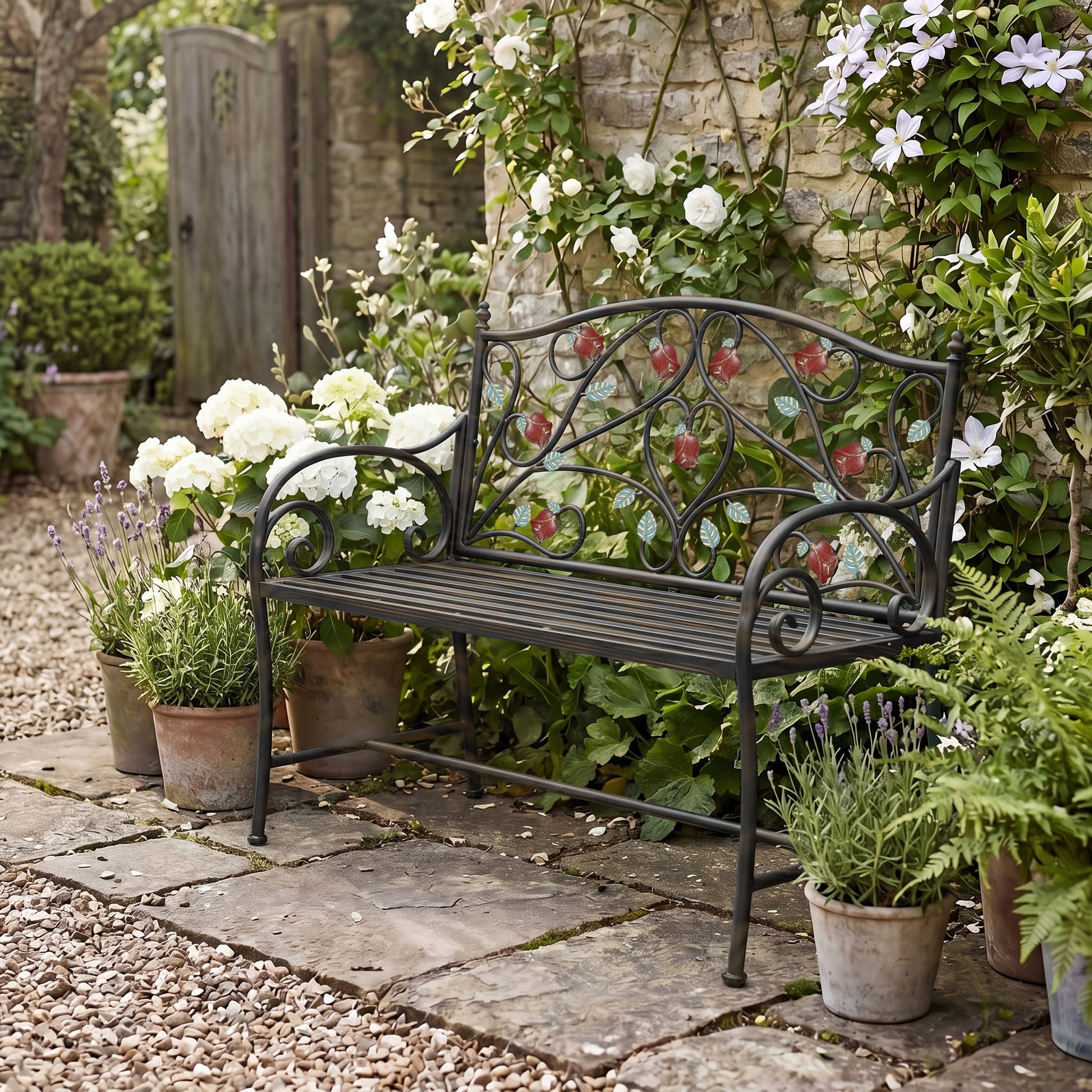 HLR Farmhouse Outdoor Bench with Rose Pattern, 41.7'' Metal Frame Patio Garden Chair Cast Iron, Black