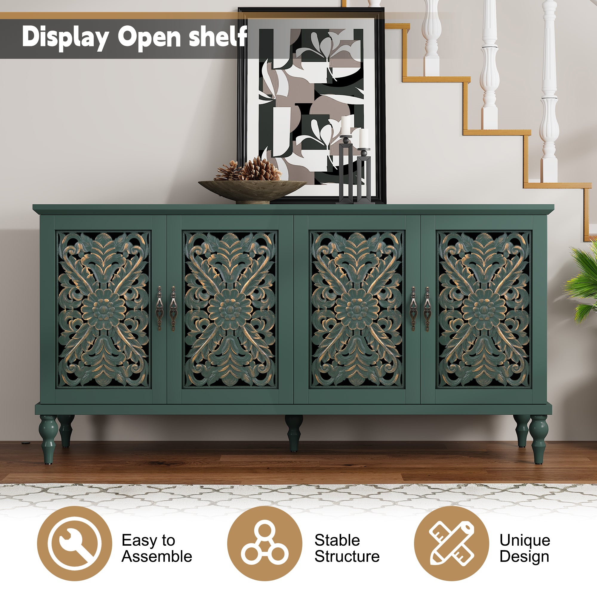 CBJCBJ 63" Mid Century Retro Sideboard Buffet Cabinet 4 Door, Accent Cabinet for Dining Room,Green