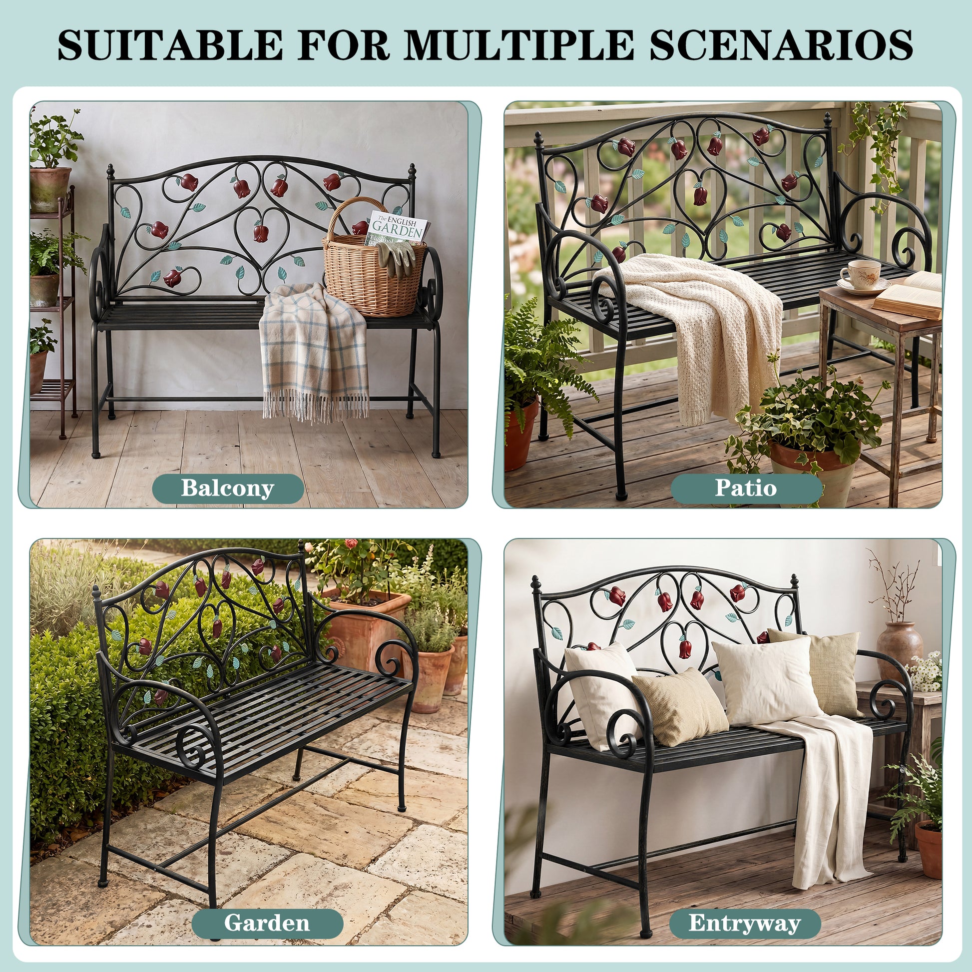 CBJCBJ 42" Waterproof Outdoor Bench ,Indoor Entryway Stools with Metal Rose Design, for Gardens/ Lawns,Black