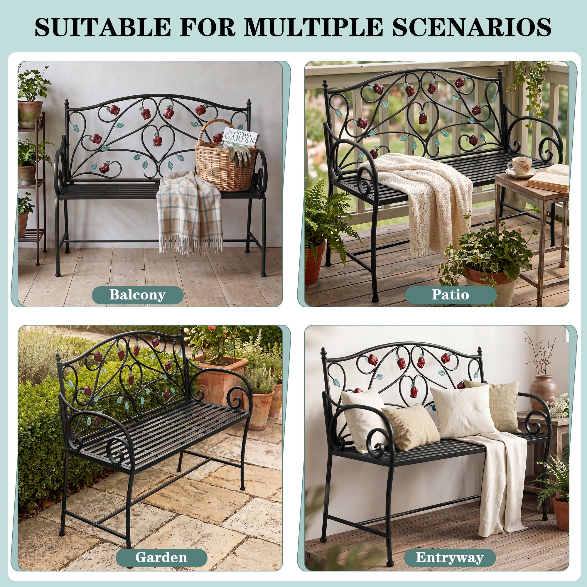 CBJCBJ 42" Waterproof Outdoor Bench ,Indoor Entryway Stools with Metal Rose Design, for Gardens/ Lawns,Black