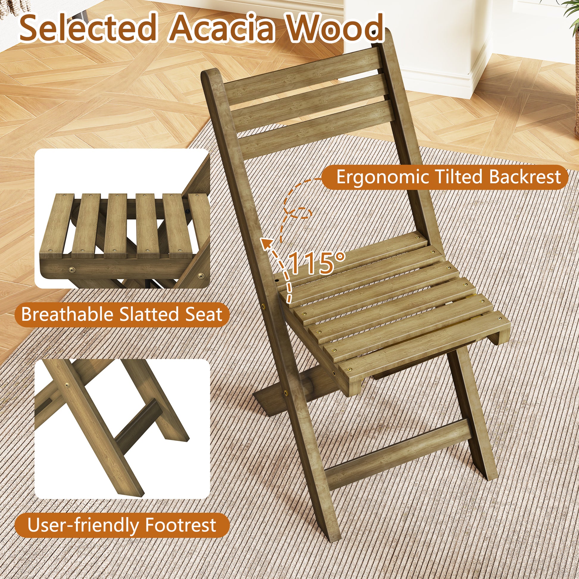 HLR 3-Piece Folding Bistro Table and Chairs Set, Outdoor Patio Solid Wood Furniture Sets with Table Outdoor Garden, Brown