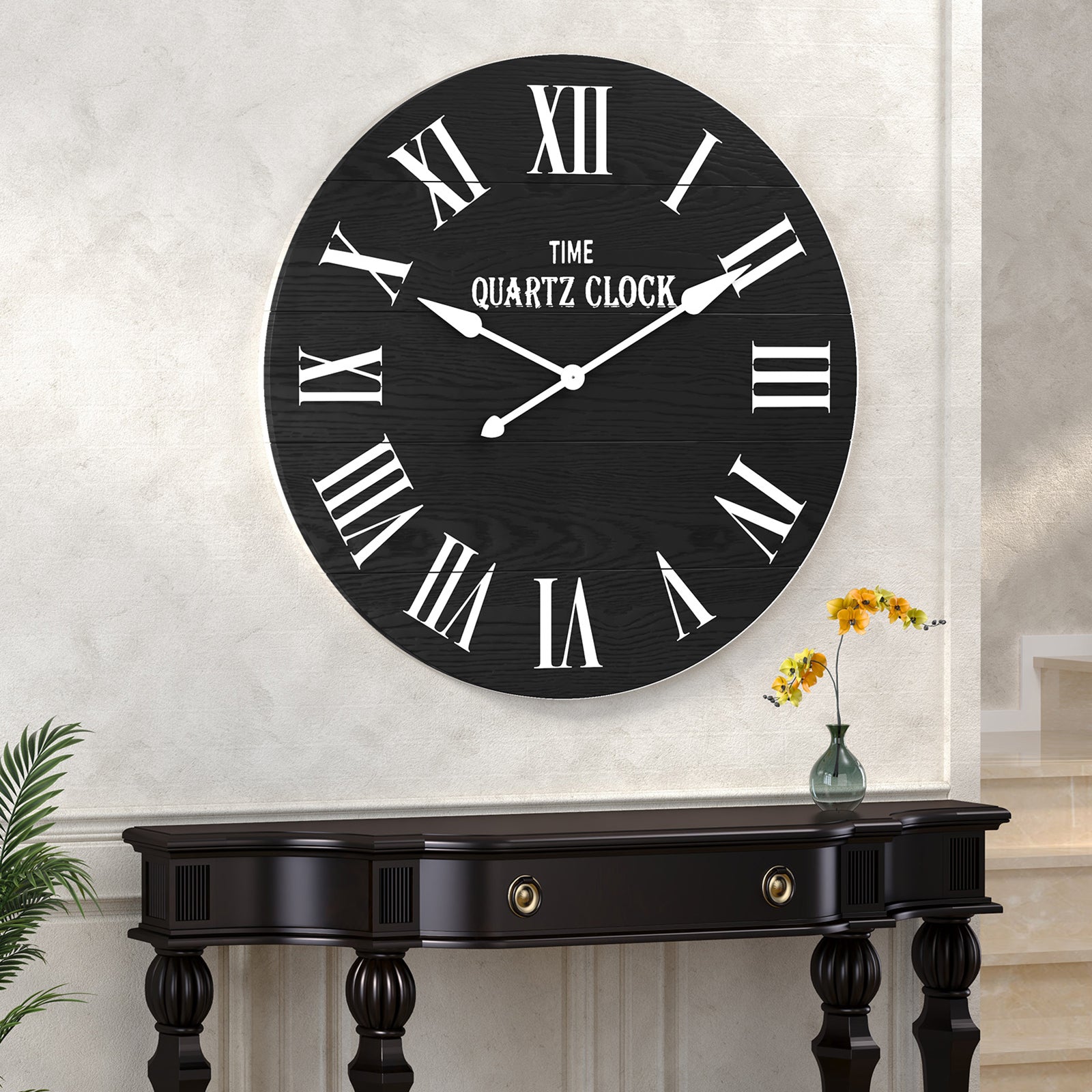 HLR 35.5” Farmhouse Large Shiplap Round Wall Clock with Roman Numeral for Living Room Decor, Black