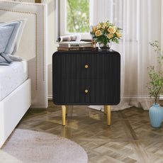 HLR Modern Fluted Wood Nightstand with 2 Drawers, Bedroom Black Bed SideTable with Storage
