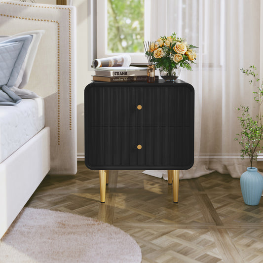 HLR Modern Fluted Wood Nightstand with 2 Drawers, Bedroom Black Bed SideTable with Storage