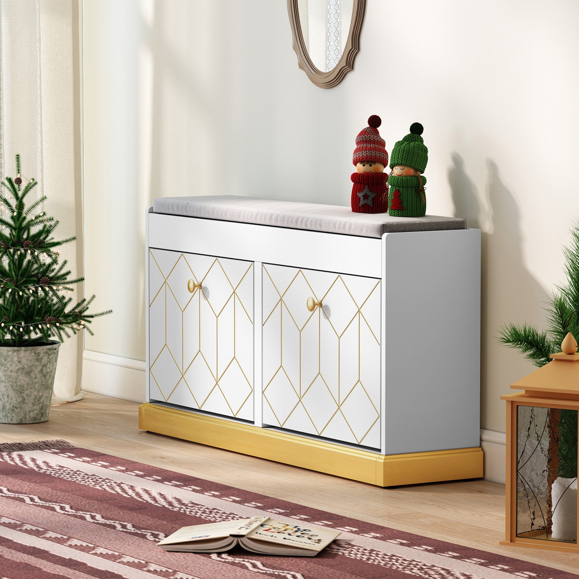 CBJCBJ 39"W Multifunction Suitable Shoe Bench with Soft Cushion and 2 Drawers for Entryway, White