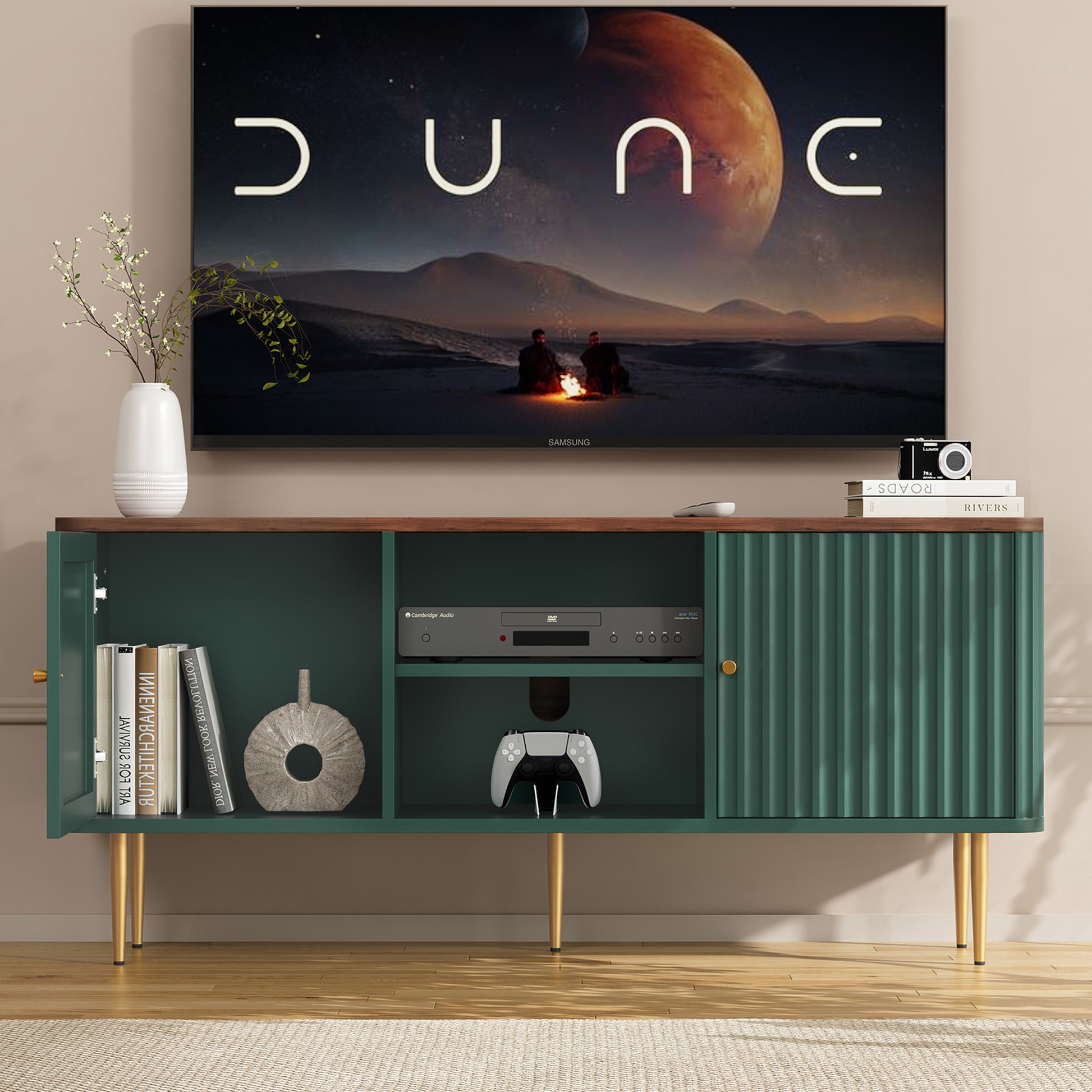 CBJCBJ Modern Fluted 55" TV Stand for 65" TV with Storage, Entertainment Center for Living Room, Green