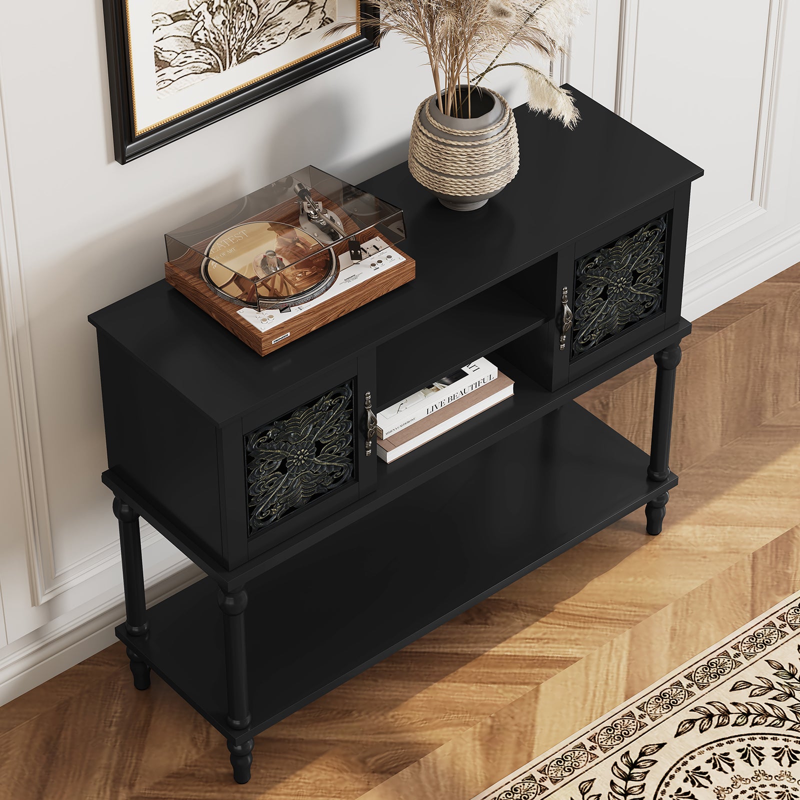 HLR Modern 42" Console Table with Storage, Entryway Table Wood Behind Couch with Shelves for Living Room, Black