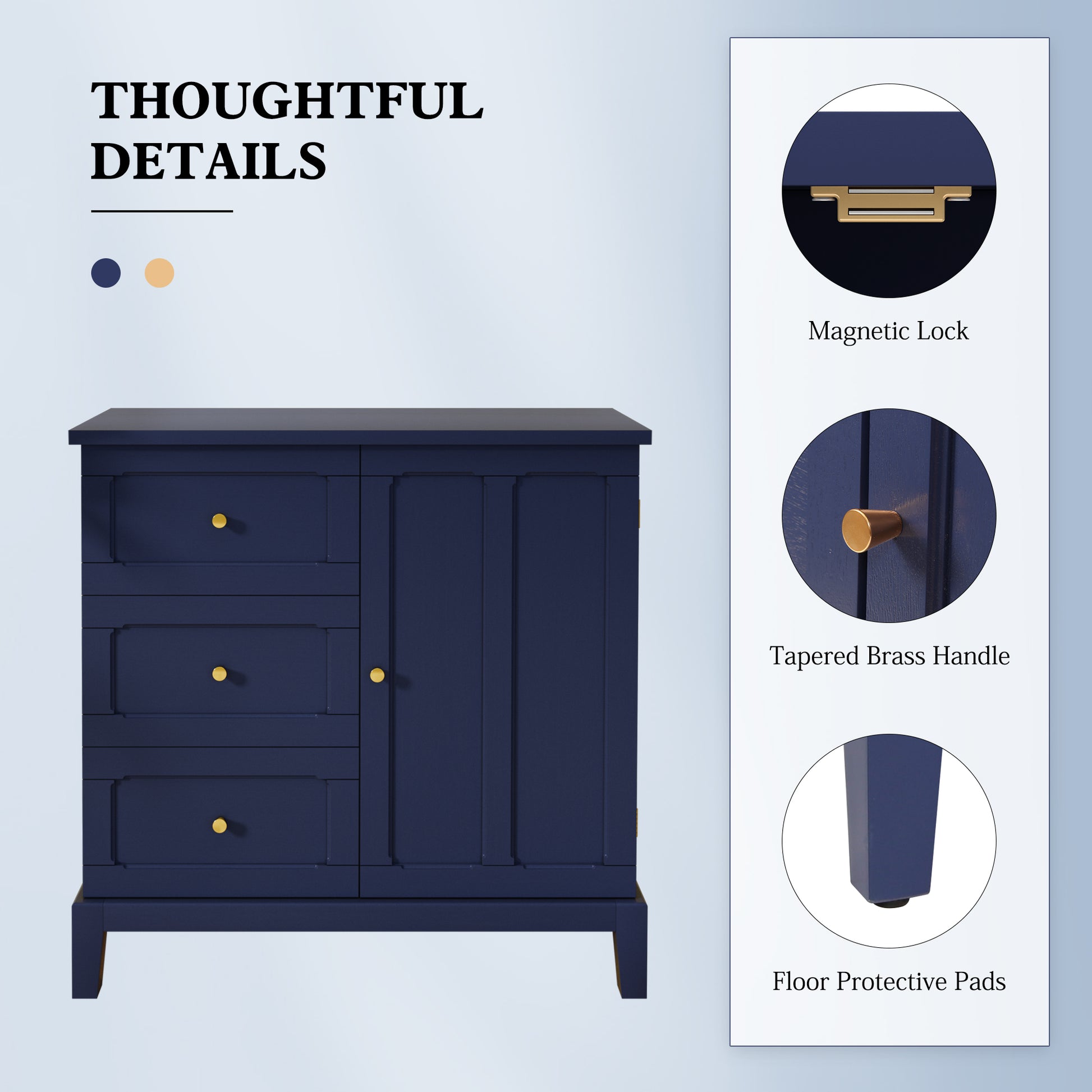 HLR Modern 32" Accent Cabinet 3 Drawers & Door, Wood Sideboard with Storage for Living Room Navy Blue