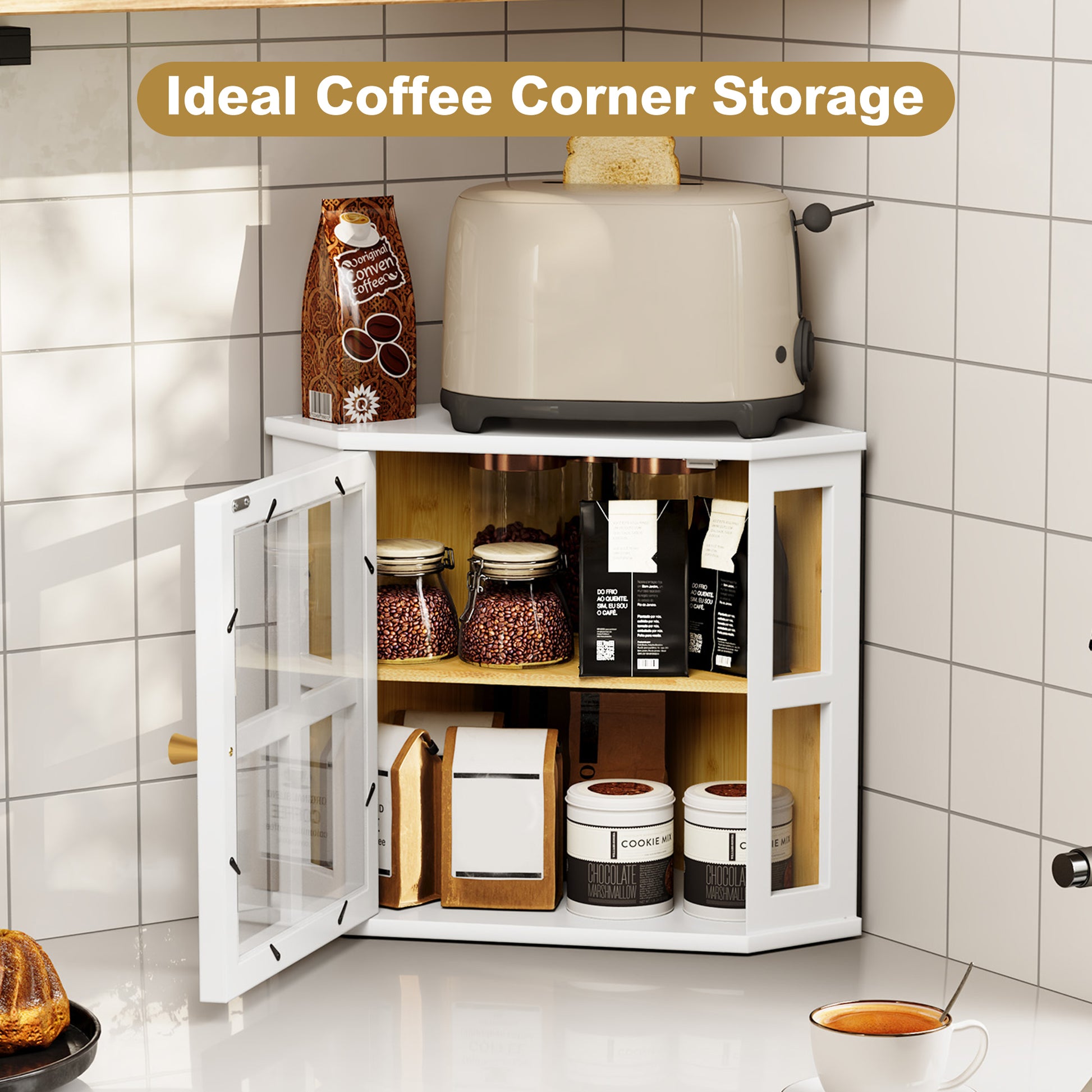 CBJCBJ Bamboo Bread Box, 2-Tier Countertop Storage Rack, Modern Retro Pantry Decor,White