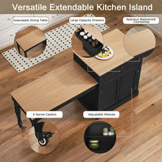 CBJCBJ Modern Extendable Kitchen Islands on Wheels with Power Outlet, Dining Table Cart with 2 Doors Storage, Black
