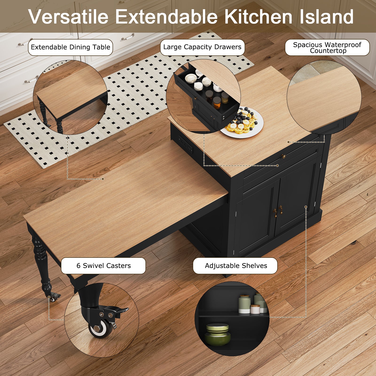 CBJCBJ Modern Extendable Kitchen Islands on Wheels with Power Outlet, Dining Table Cart with 2 Doors Storage, Black