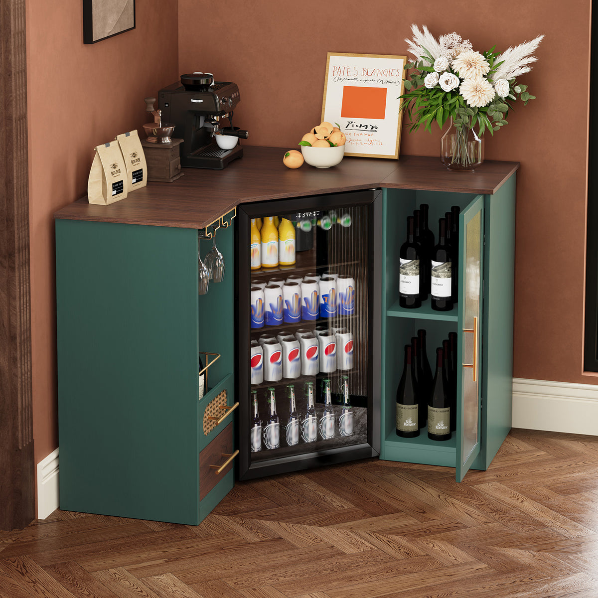 HLR Modern Corner Bar Cabinets with Mini Fridge Space, Wine Glass Rack, Storage Drawers, Green
