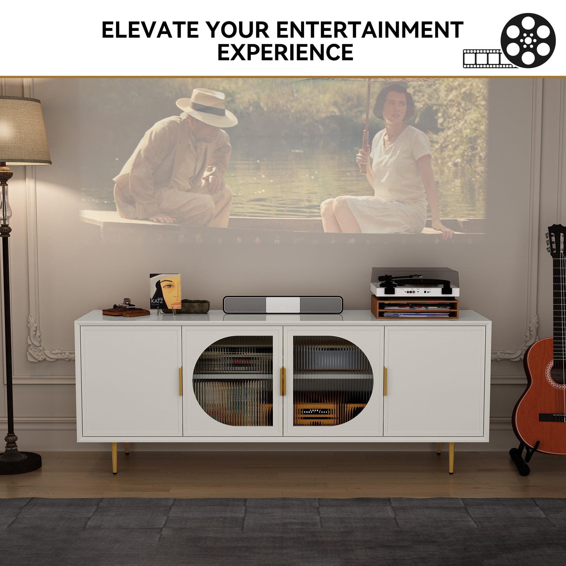 CBJCBJ 66" TV up to 75" Stand for Living Room, Entertainment Center with Glass Storage Cabinet,White
