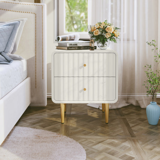 CBJCBJ 20" Modern Fluted Nightstand Set of 1, White Wood Bedside Table with 2 Drawers & Gold Metal Handles（White）