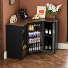 HLR Modern Corner Bar Cabinets with Mini Fridge Space, Wine Glass Rack, Storage Drawers, Black