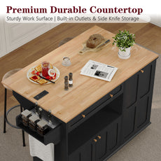 CBJCBJ Folding Rubber wood Kitchen Island, Kitchen Cart with Hidden Trash Can, Knife Rack & Spice Rack,Black