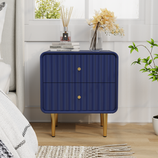 CBJCBJ 20" Modern Fluted Nightstand Set of 1, White Wood Bedside Table with 2 Drawers & Gold Metal Handles（BLUE)