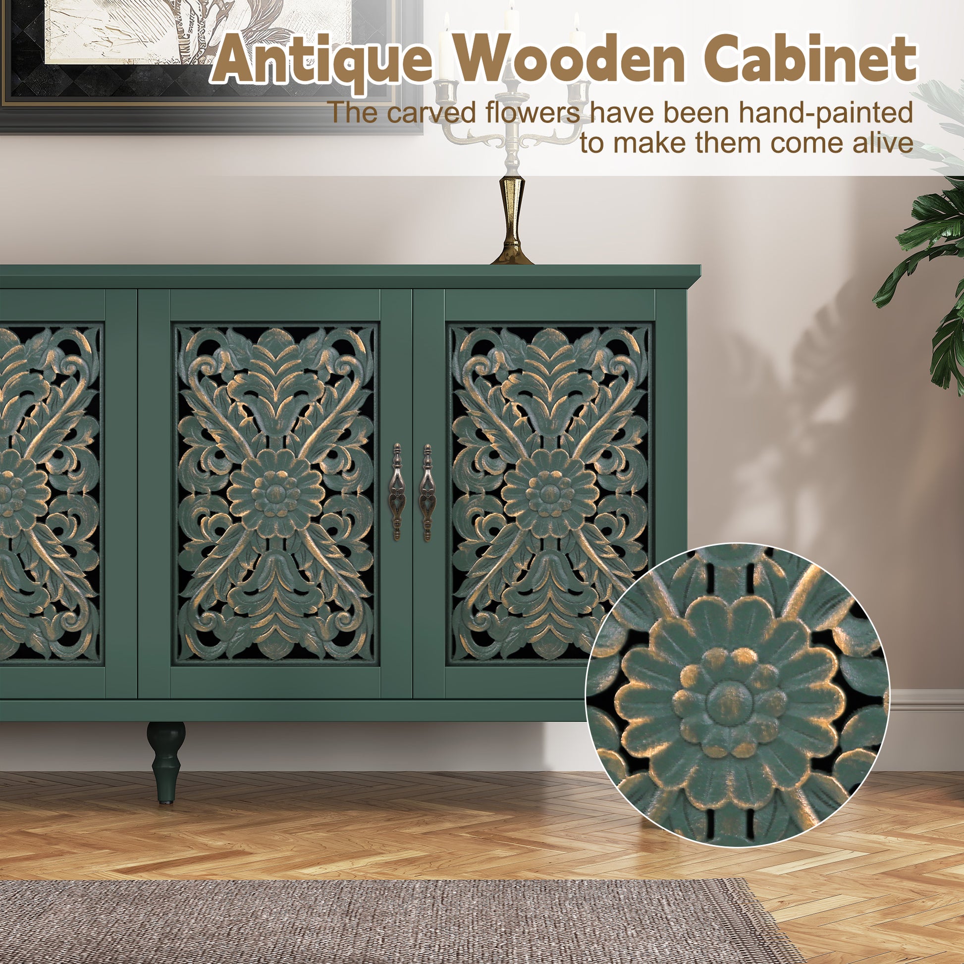 CBJCBJ Mid-Century Retro 62" Wood Openwork Carved 4 Door Sideboard Buffet Cabinet for Living Dining & Bedroom,Green