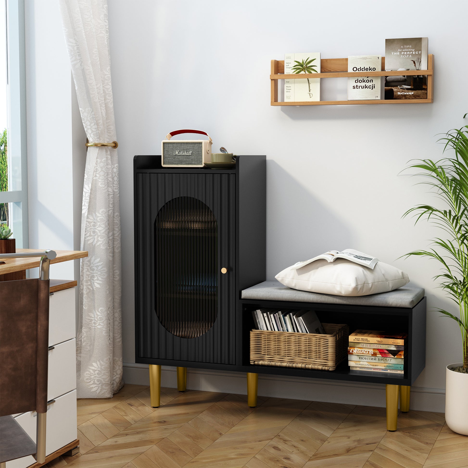 CBJCBJ Modern Storage Bench with Glass Door & Shelf - L-Shaped Entryway Cabinet, Padded Seat for Hallway/Bedroom/Office, Black