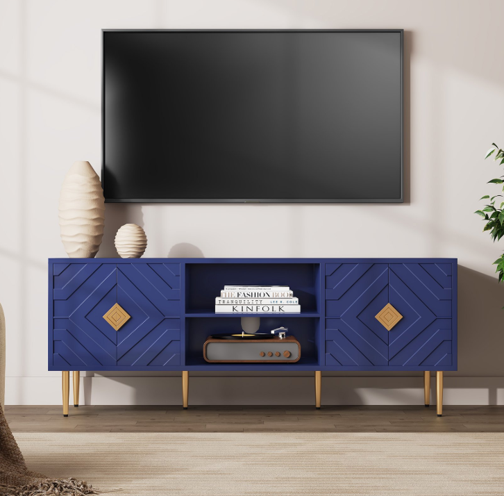 HLR Modern 63" TV Stand, for TVs up to 75", Living Room Entertainment Center with 4 Door Storage Cabinet, Blue