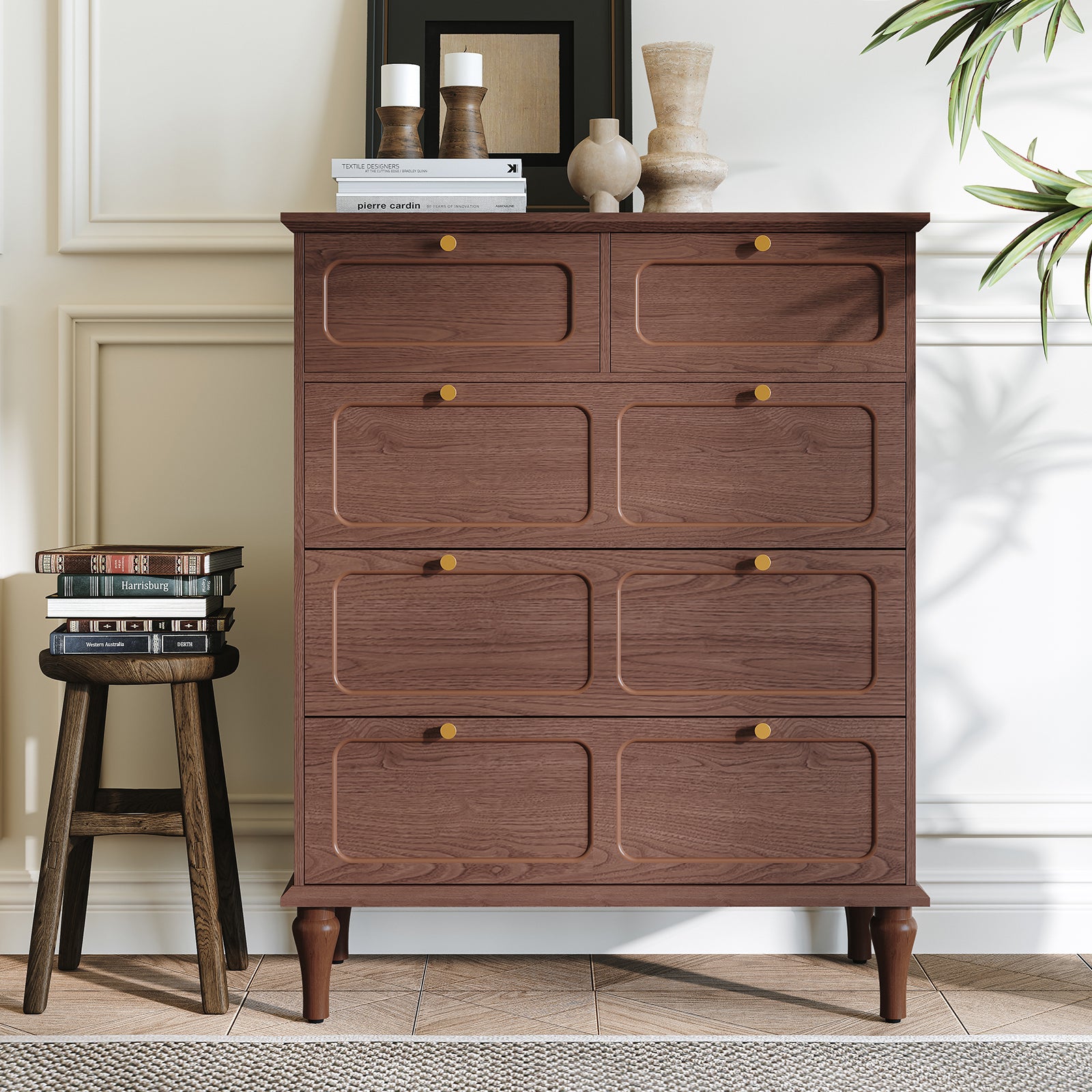 CBJCBJ 31.5" 5 Drawers Dressers, Large Floor Mid-Century Chest of Drawers for Bedroom, Hallway, Brown