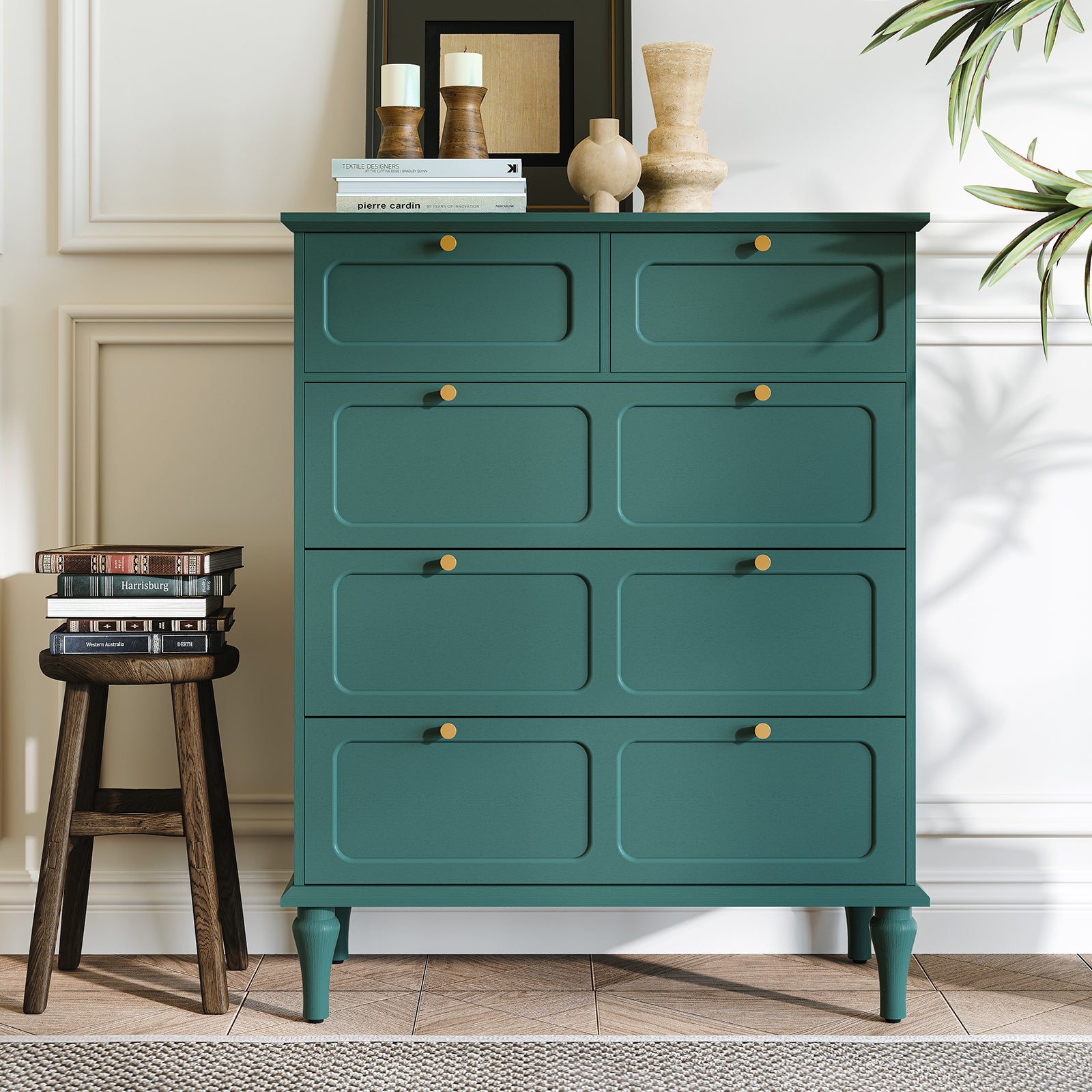 CBJCBJ 31.5" 5 Drawers Dressers, Large Floor Mid-Century Chest of Drawers for Bedroom, Hallway, Green