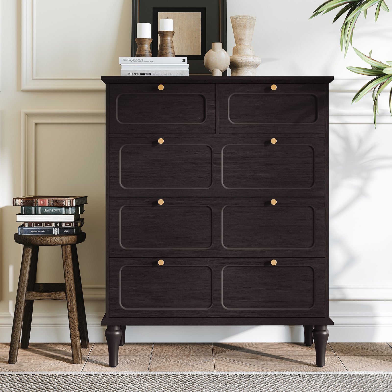 CBJCBJ 31.5" 5 Drawers Dressers, Large Floor Mid-Century Chest of Drawers for Bedroom, Hallway, Black