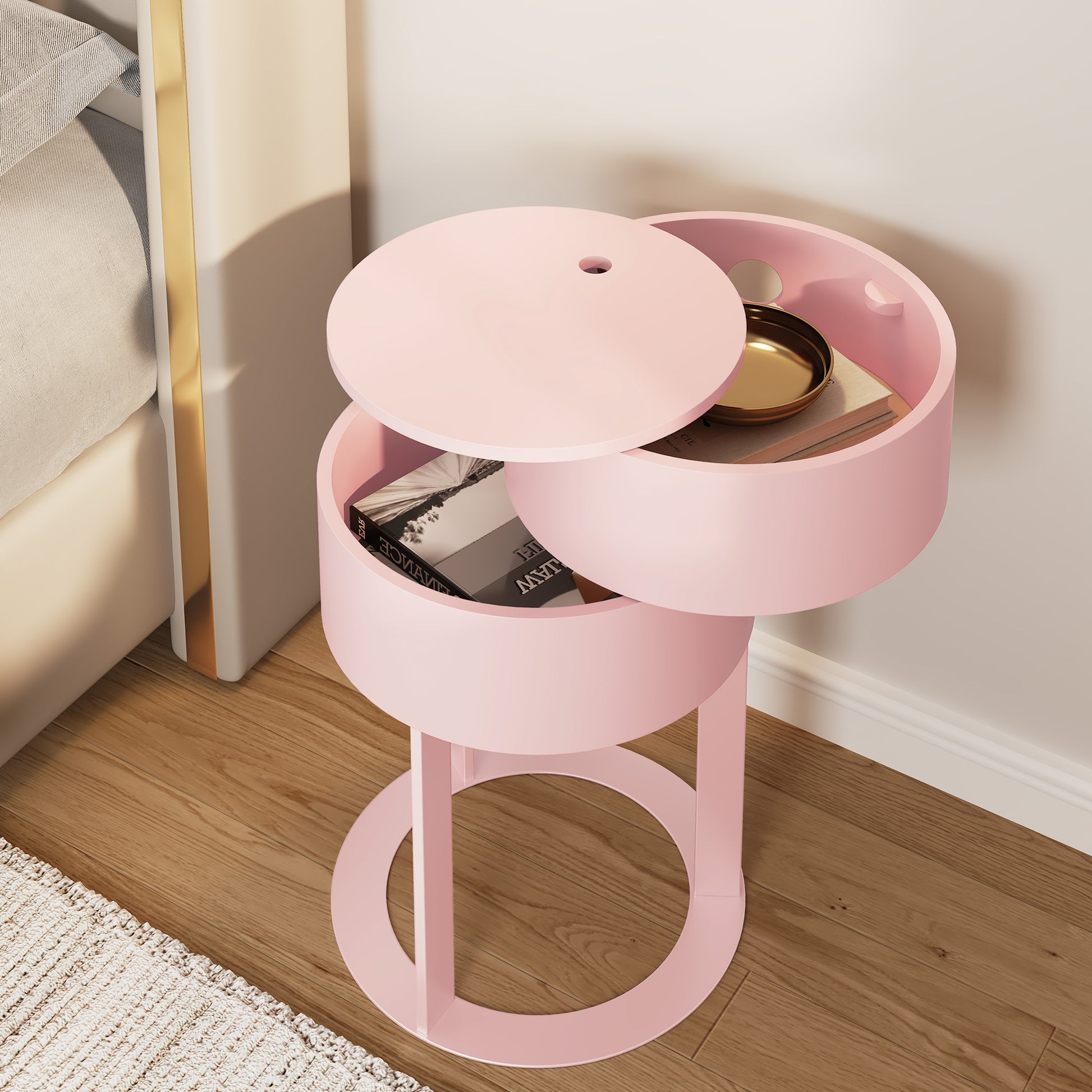 CBJCBJ Modern Round Nightstand with Drawer, 14.2" Bedside Table for Bedroom,Pink