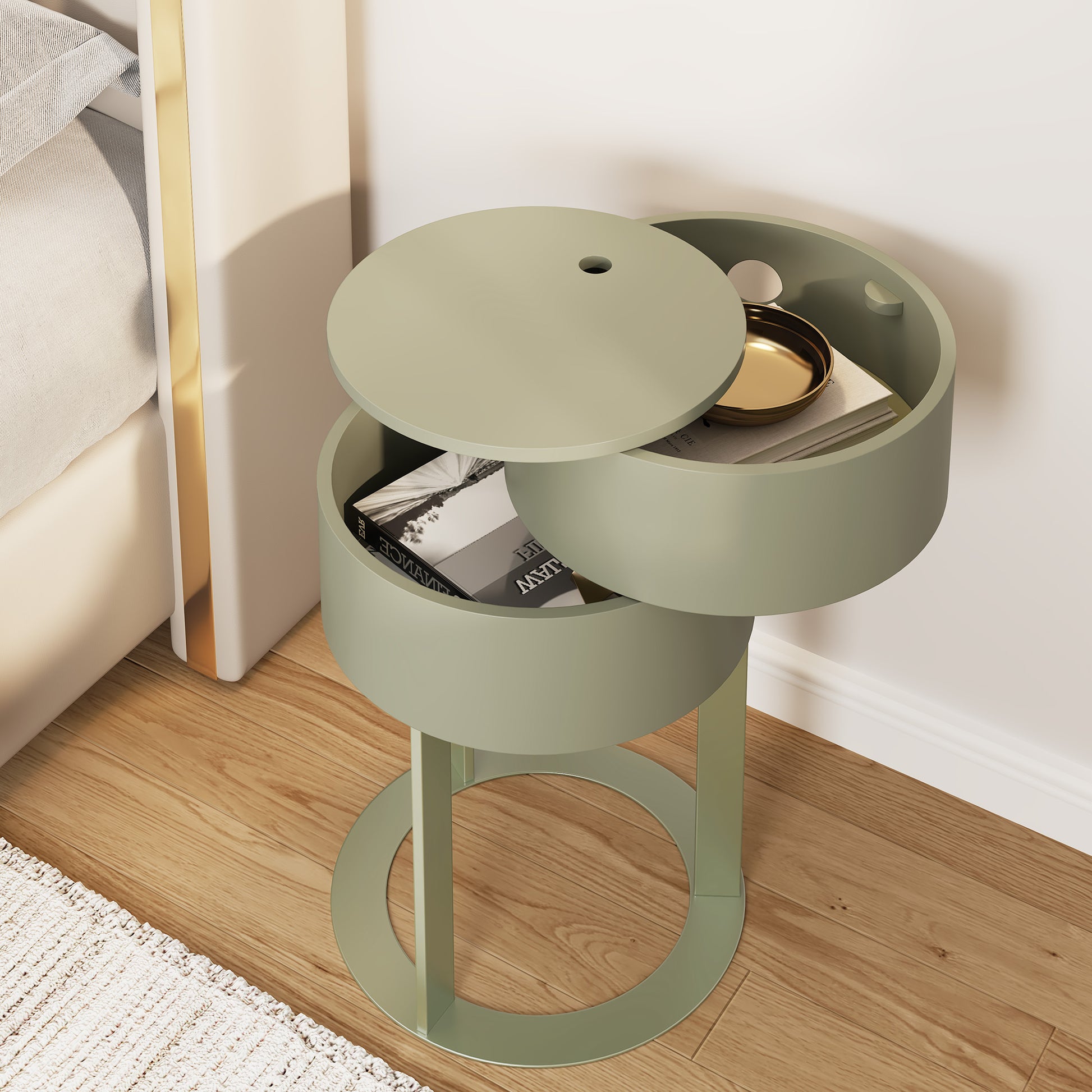 CBJCBJ Modern Round Nightstand with Drawer, 14.2" Bedside Table for Bedroom,Olive Green