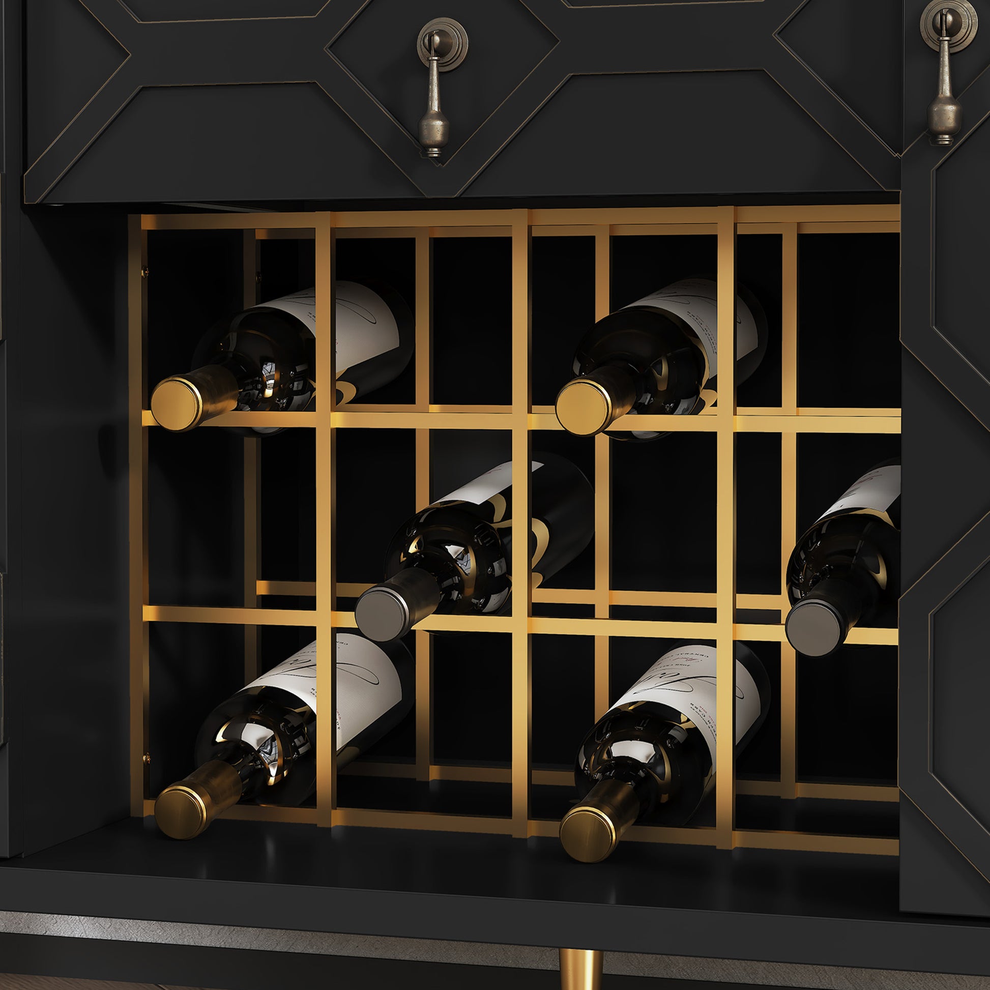 HLR Modern 47.2" Wine Bar Cabinet with Drawer, Geometric Door Buffet Sideboard Coffee Bar for Kitchen