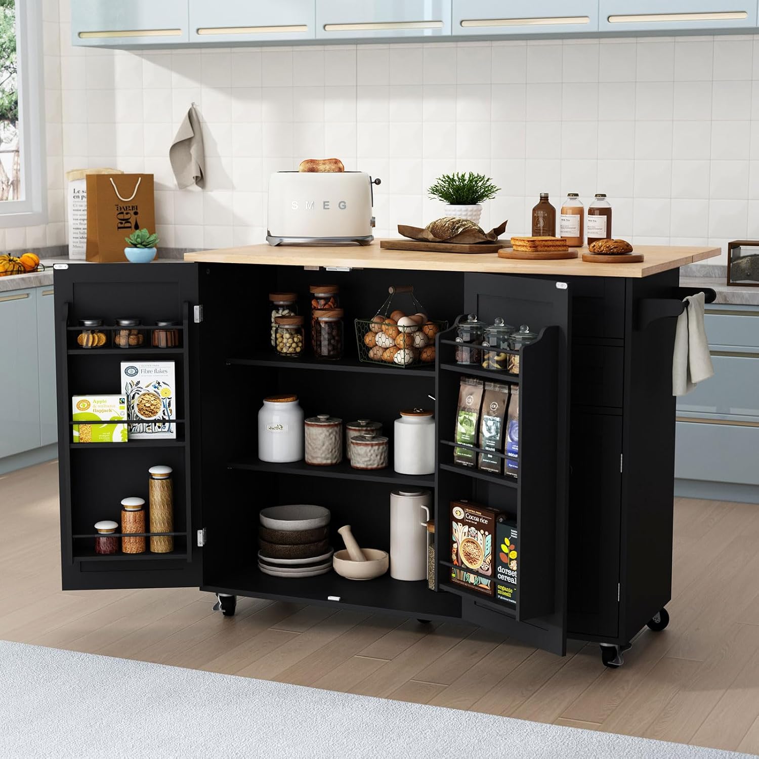 HLR® Kitchen Island with Storage, Sage Green Rolling Kitchen Cart on Wheels