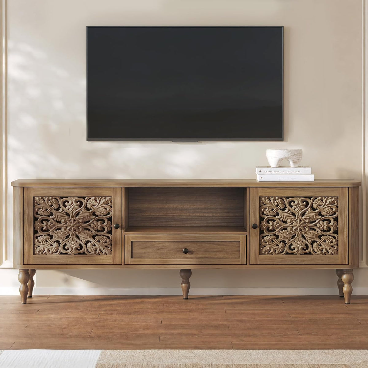 HLR 70" Vintage TV Stand with Carved Doors for up to 80 " TV