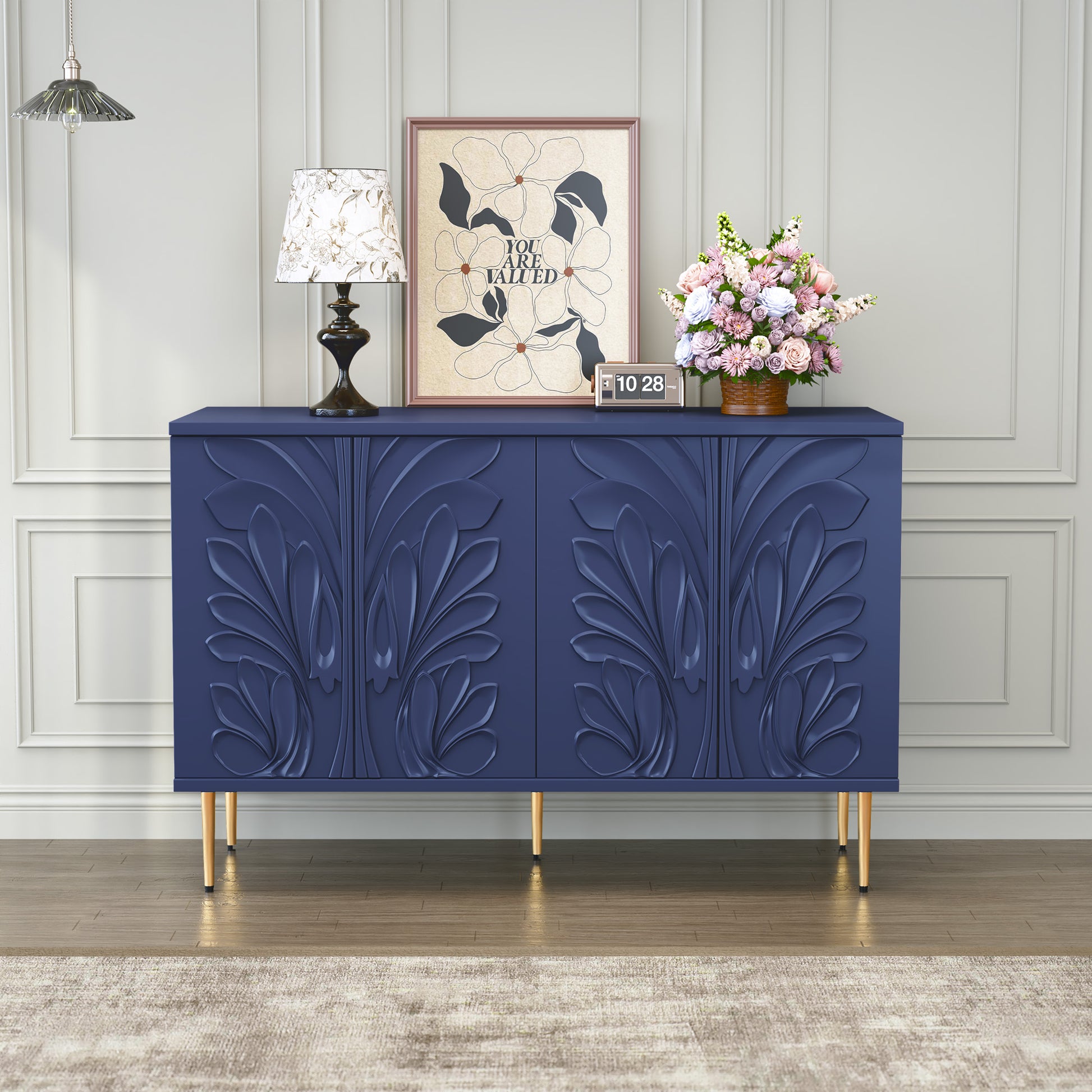 CBJCBJ 47.24"W Modern 4-Door Credenza with 3D Floral Doors & Shelves, Storage Sideboard for Dining Room, Kitchen,Blue