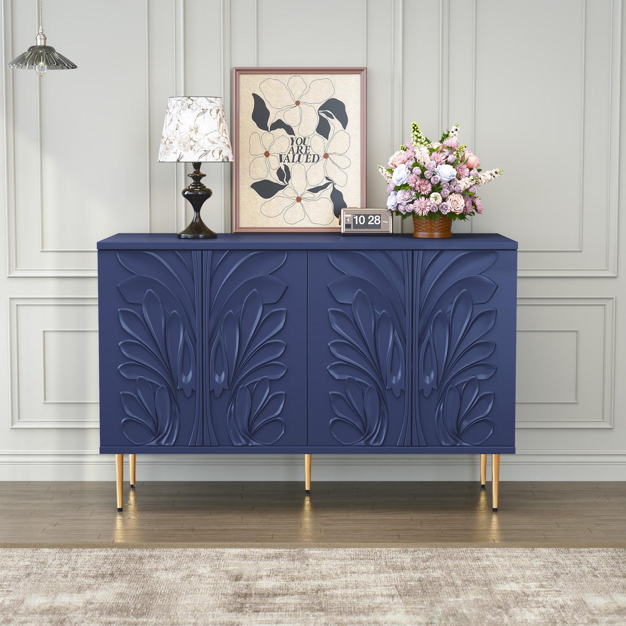 CBJCBJ 47.24"W Modern 4-Door Credenza with 3D Floral Doors & Shelves, Storage Sideboard for Dining Room, Kitchen,Blue