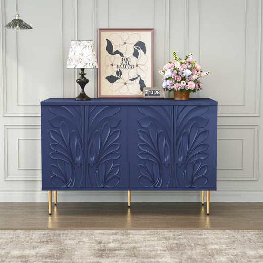 CBJCBJ 47.24"W Modern 4-Door Credenza with 3D Floral Doors & Shelves, Storage Sideboard for Dining Room, Kitchen,Blue