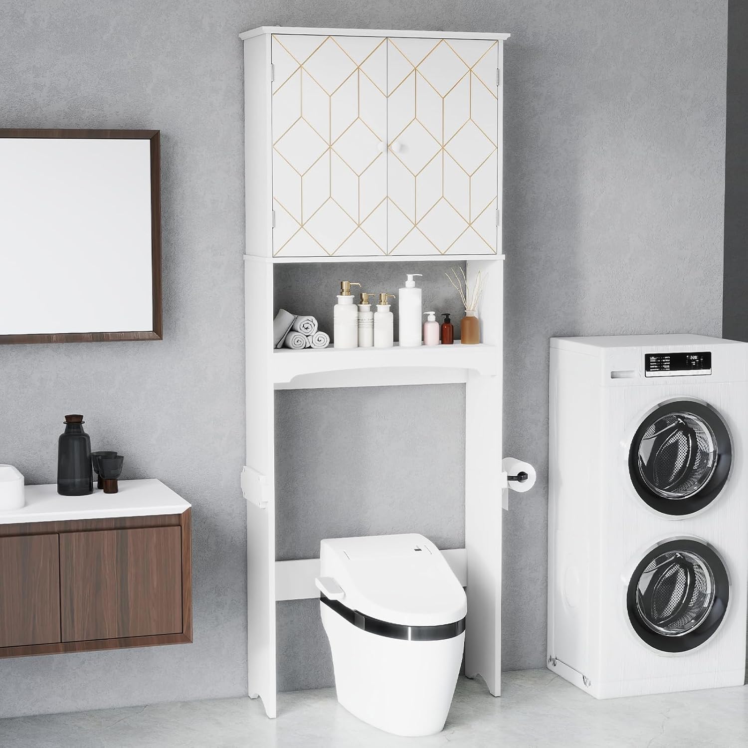 HLR® Over The Toilet Storage Cabinet with Gold Trim, Modern Bathroom Cabinet Over Toilet