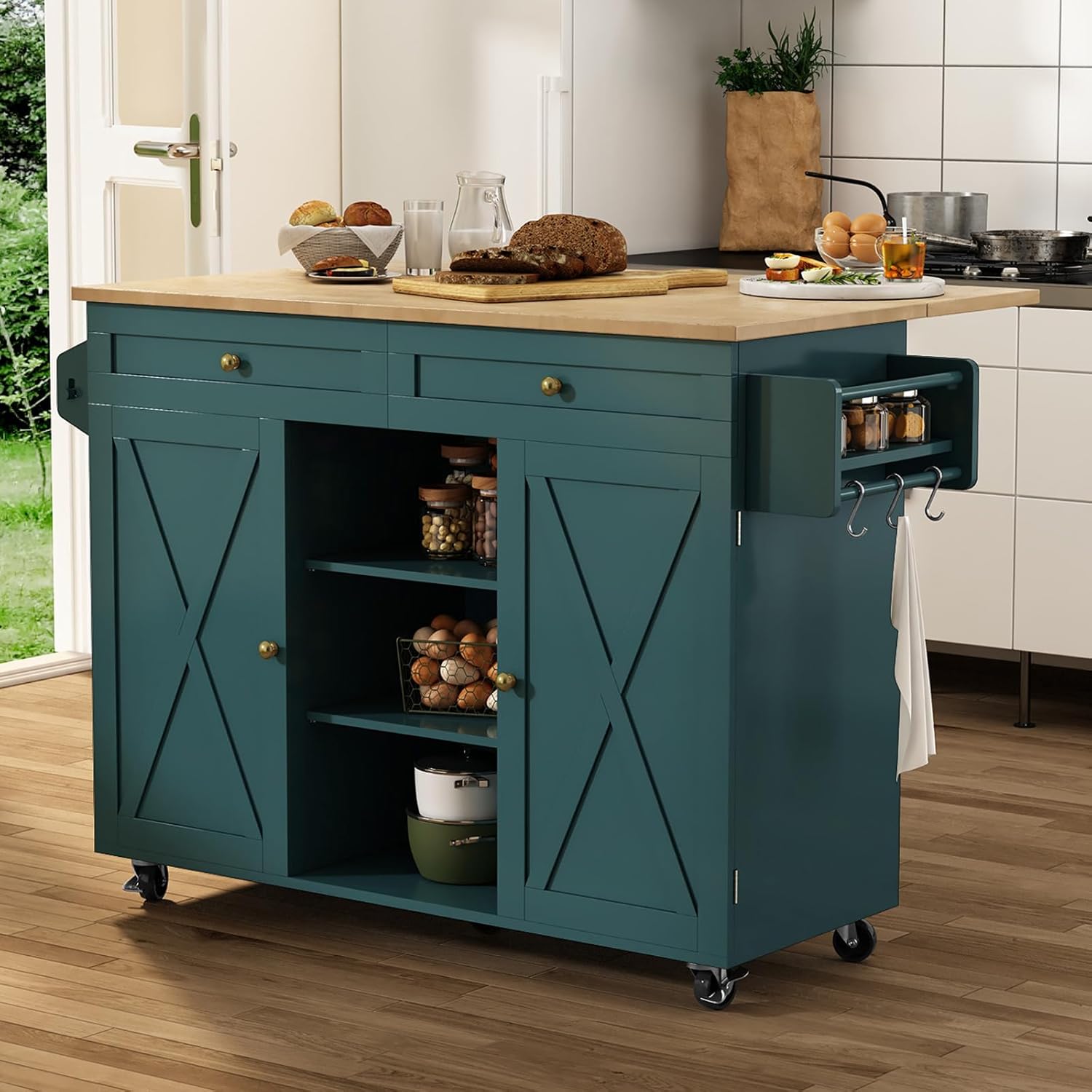HLR® Kitchen Island On Wheels, Rolling Kitchen Island Cart with Drop Leaf Countertop