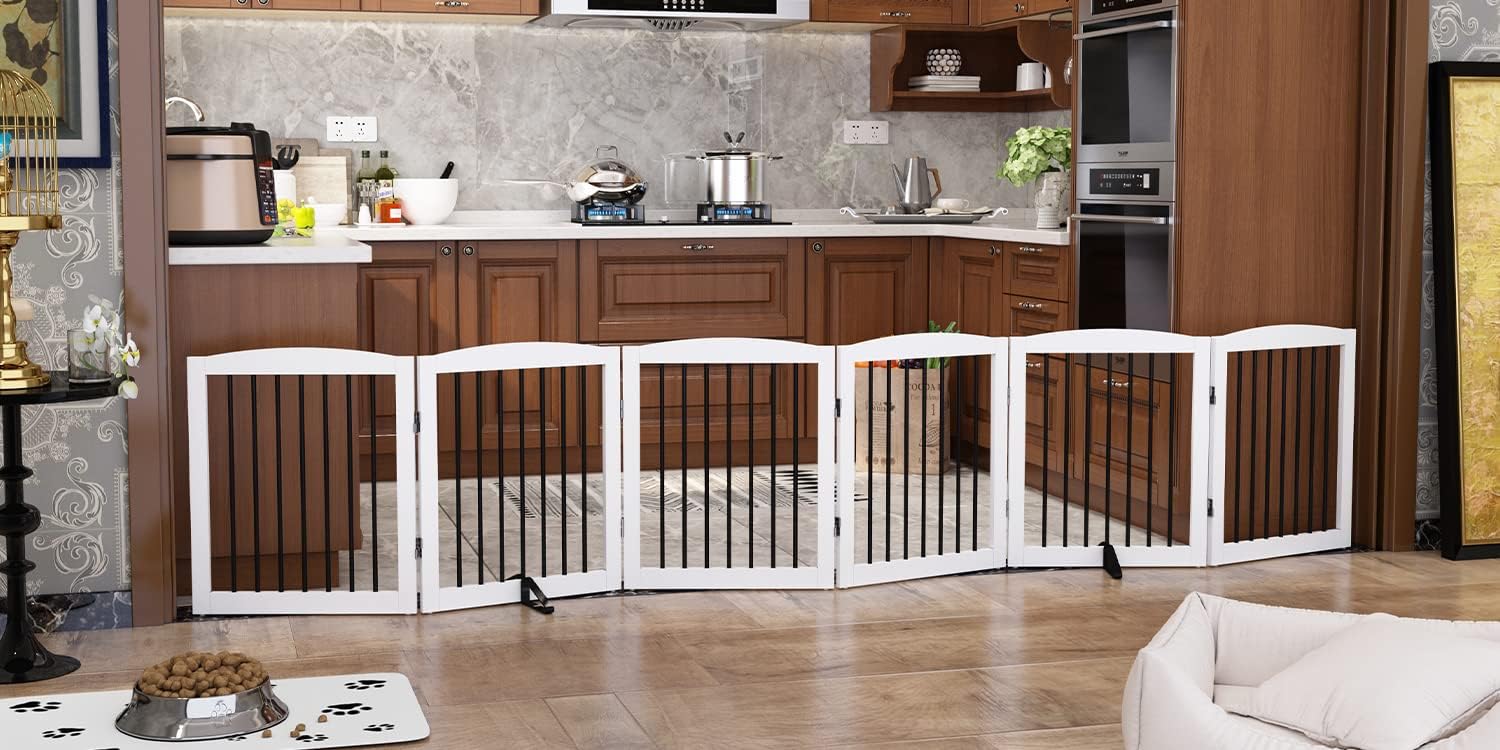 HLR® Freestanding Pet Gate for Dogs, Foldable Wooden Dog Gate, Indoor Pet Barrier for Stairs