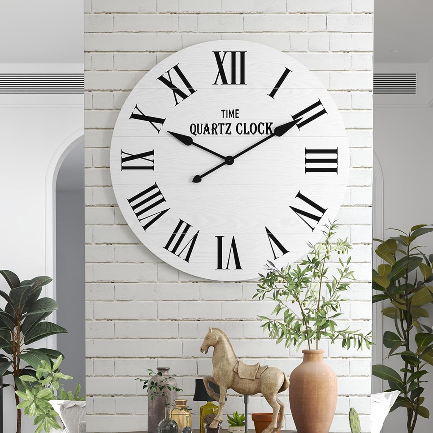 HLR® Large Farmhouse Wall Clock, 35.5” Shiplap Wall Clock with Roman Numeral, Nearly Non-Ticking, Round Wall Clocks