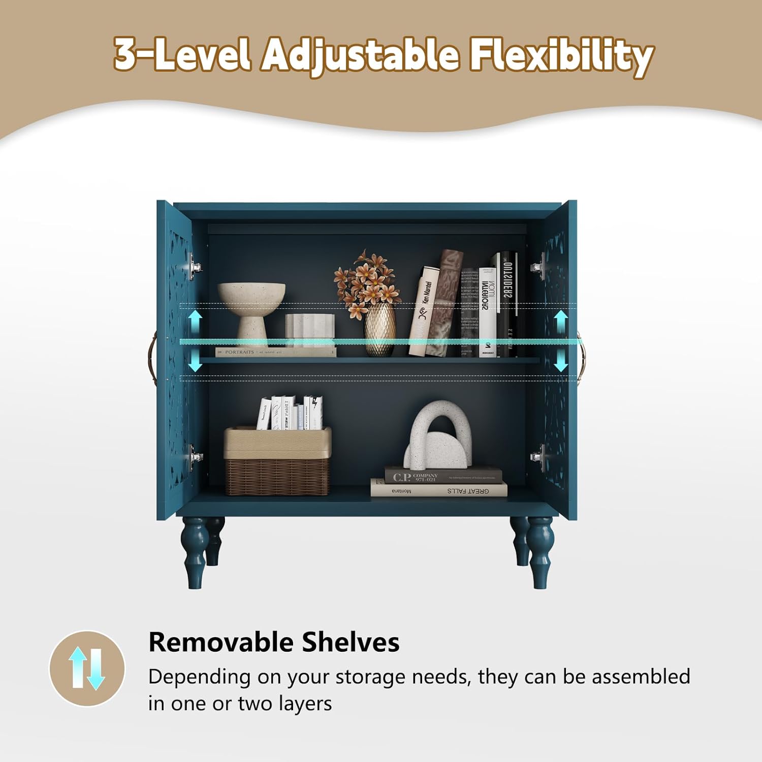 HLR® Accent Cabinet with 2 Doors, Vintage Carved Wood Storage Cabinet, Sideboard Buffet Cabinet