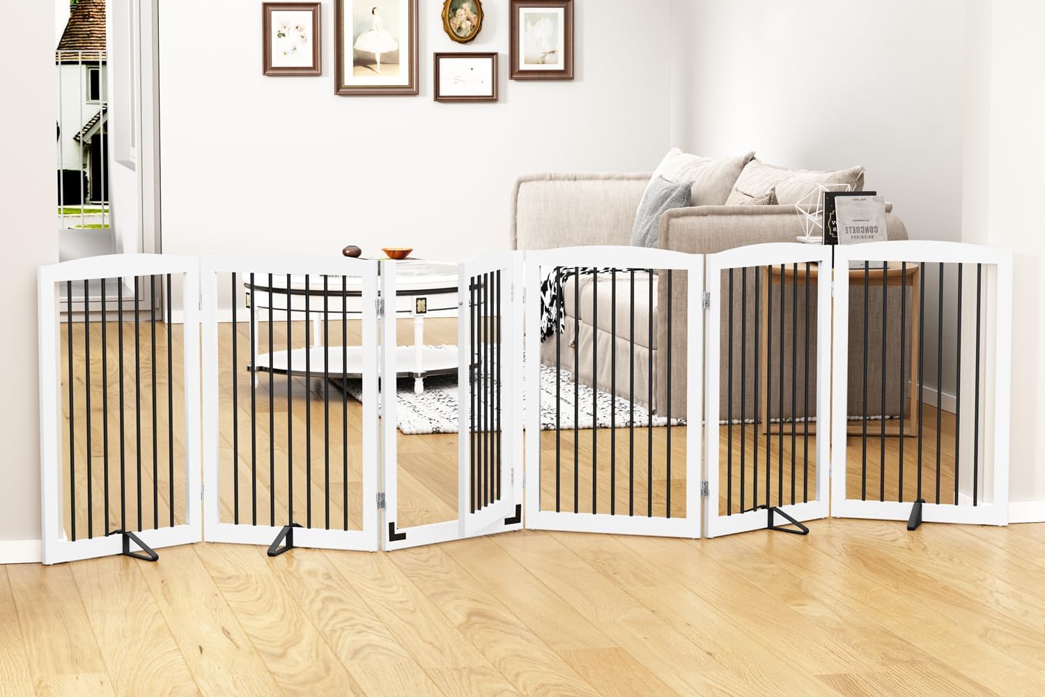 HLR® Freestanding Dog Gate with Door, Pet Gate for Stairs, 80 inch Wide Pet Barrier Indoor
