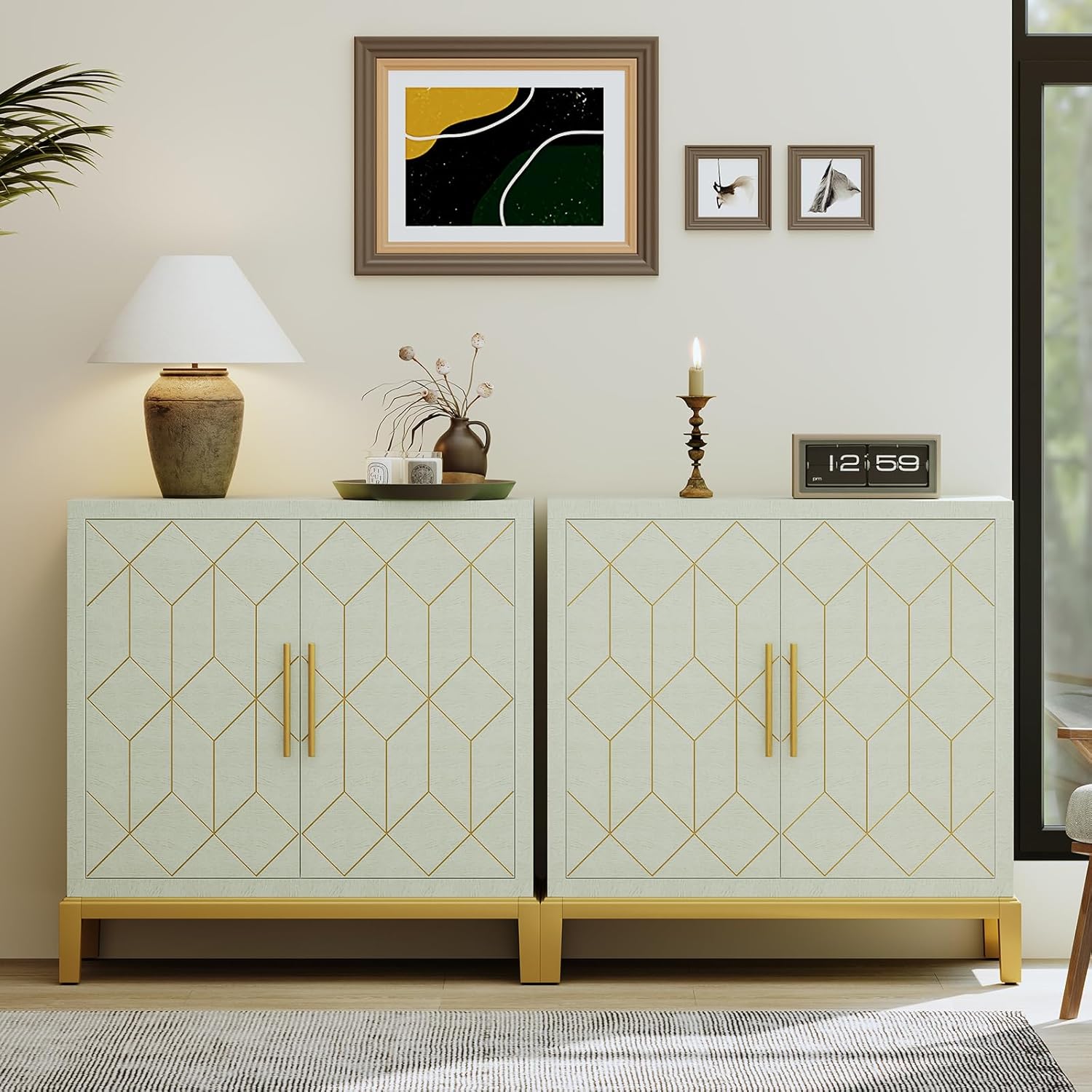 HLR® Green Accent Cabinet with Gold Trim, Storage Cabinet with 2/4 Doors