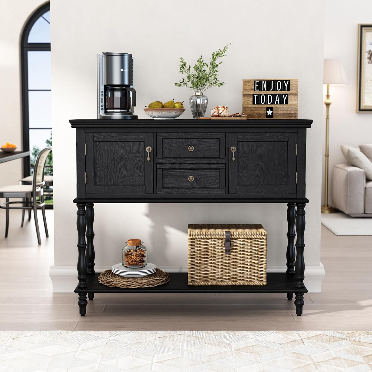 HLR® Console Table with 2 Drawers, Retro Entryway Table with 2 Door Cabinets and Open Storage Shelf