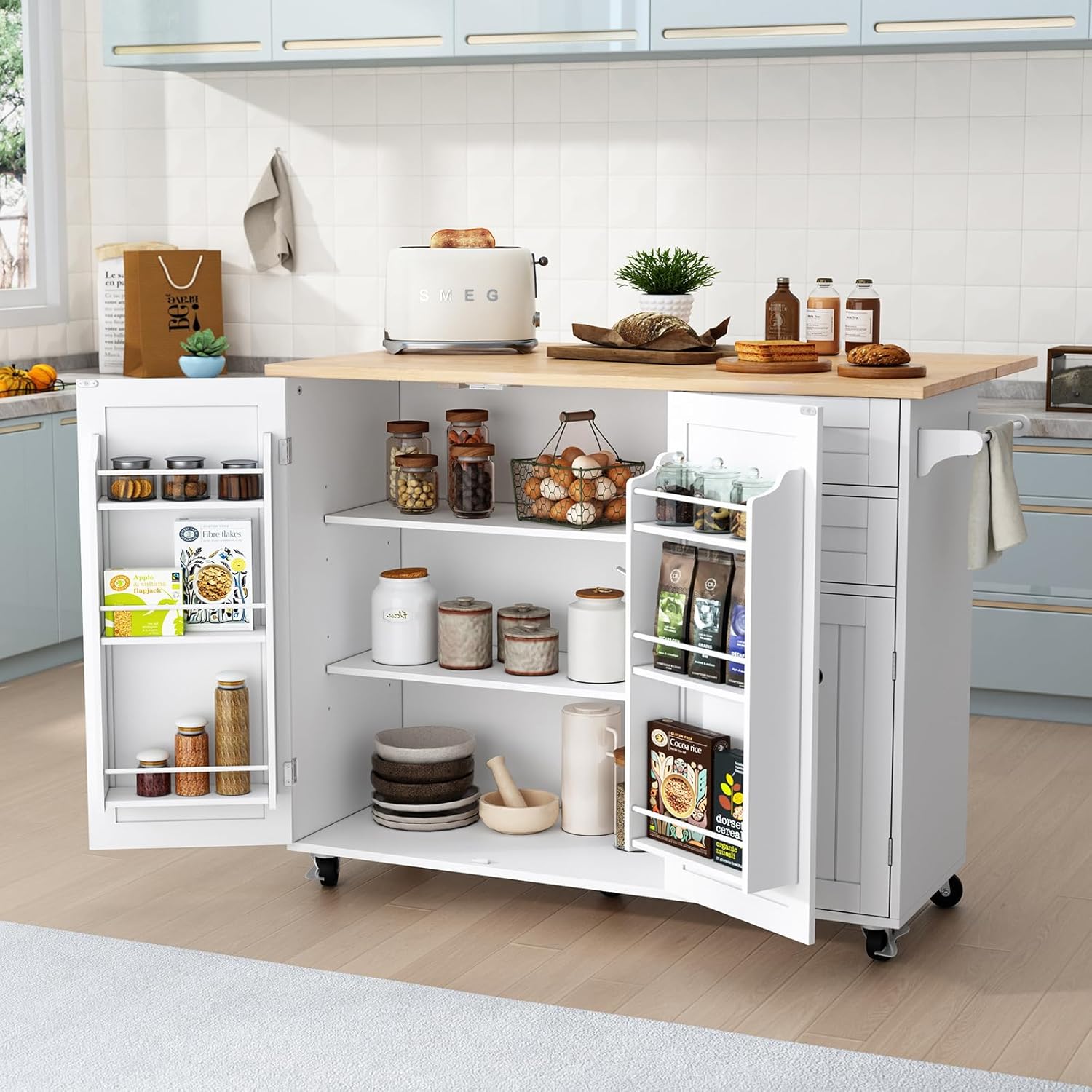 HLR® Kitchen Island with Storage, Sage Green Rolling Kitchen Cart on Wheels