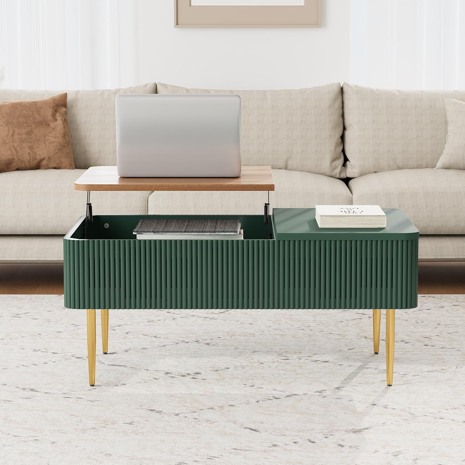 HLR® 39" Lift Top Coffee Table with Hidden Storage Compartment, Modern Rising Wood Dining Center Table