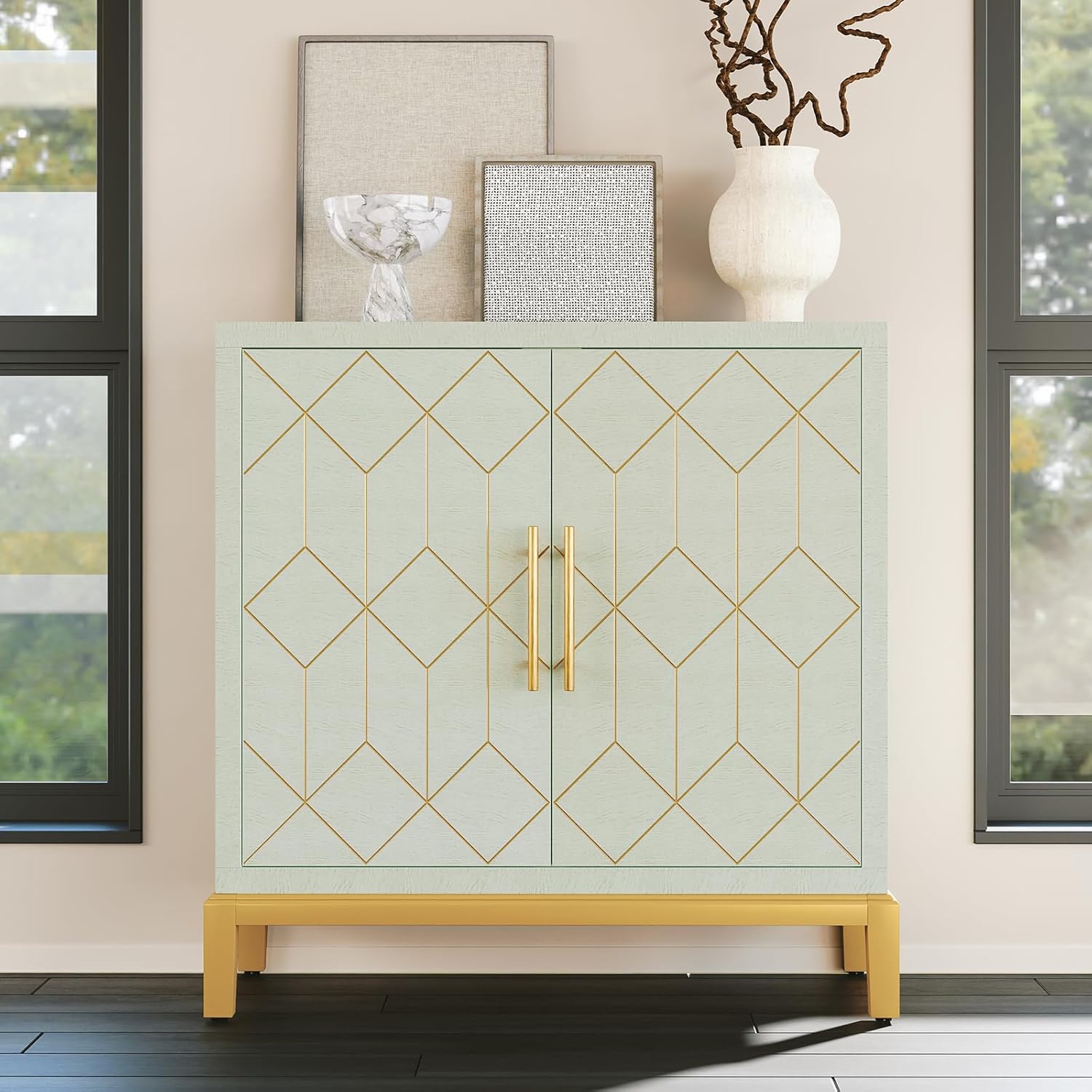 HLR® Green Accent Cabinet with Gold Trim, Storage Cabinet with 2/4 Doors