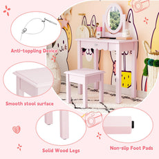 HLR® Kids Vanity, Girls Vanity Set with Mirror and Stool, Wooden 2 in 1 Princess Makeup Desk Dressing Table with Detachable Top