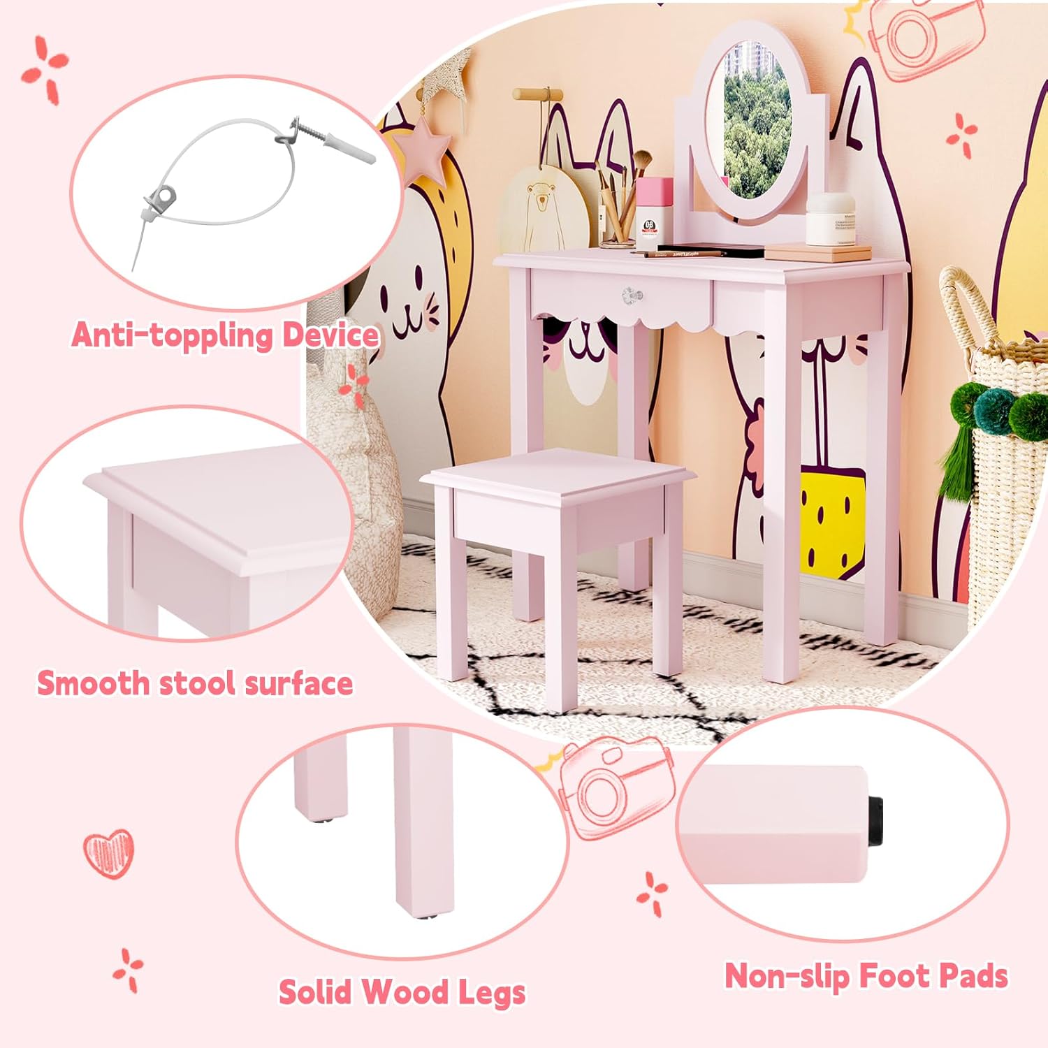 HLR® Kids Vanity, Girls Vanity Set with Mirror and Stool, Wooden 2 in 1 Princess Makeup Desk Dressing Table with Detachable Top