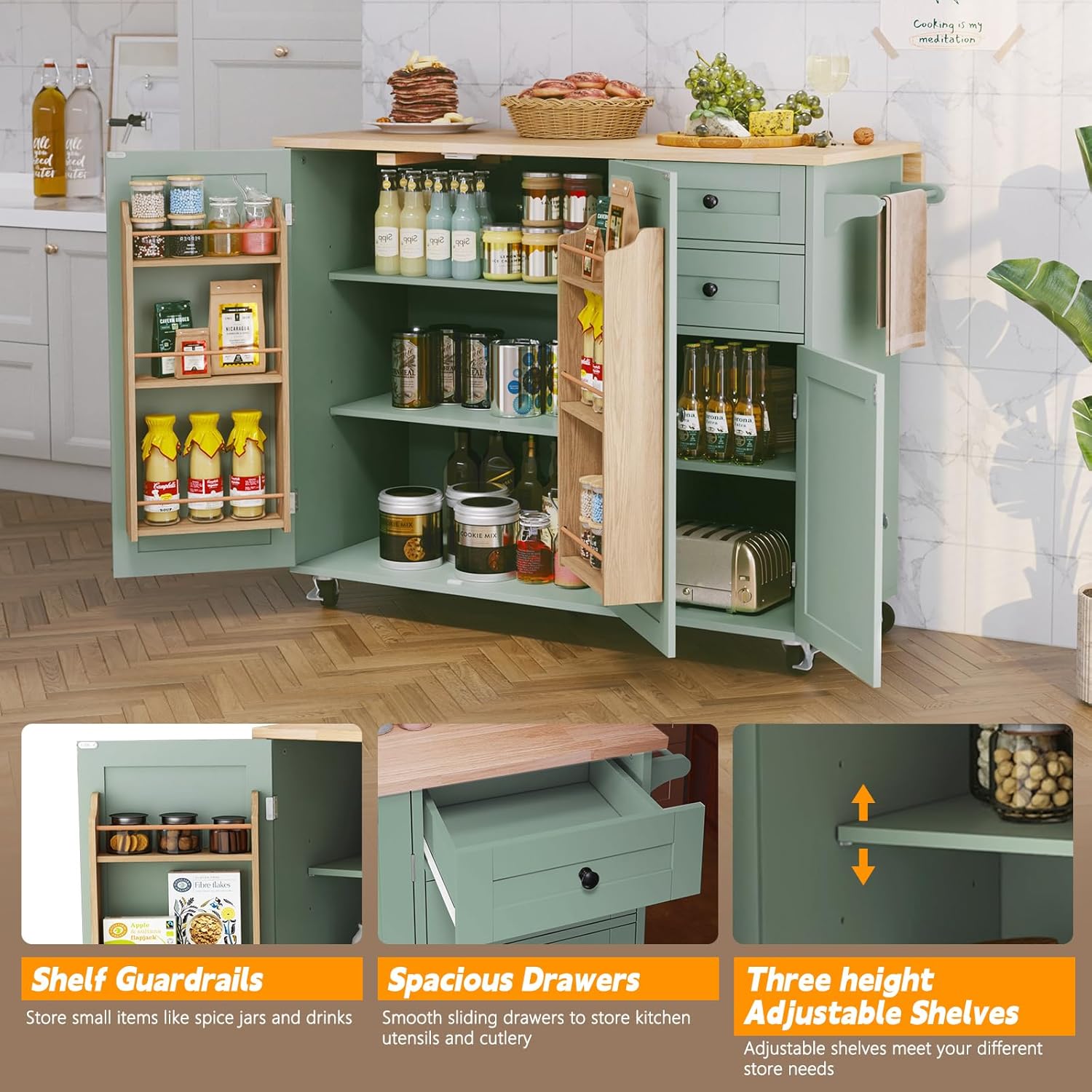 HLR® Kitchen Island with Storage, Sage Green Rolling Kitchen Cart on Wheels