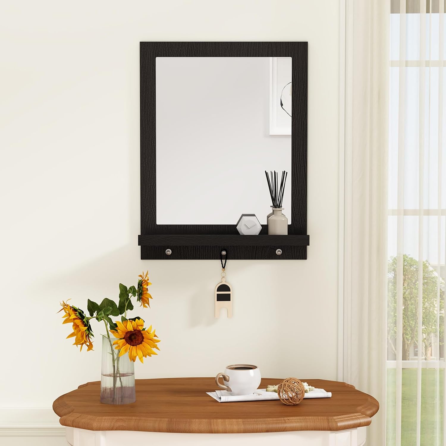 HLR® 24" x 18.5'' Wood Wall Mirror with Shelf, Rectangular Hallway Mirror with Hooks